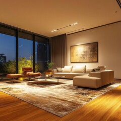 Fototapeta premium Modern living room interior with warm lighting, elegant furniture, and large windows offering a view of the cityscape at dusk.