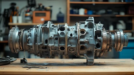 Closeup disassembled car automatic transmission gear part on workbench at garage