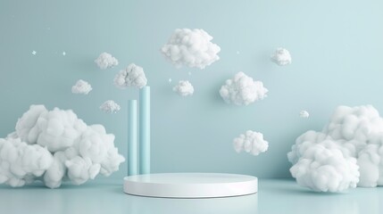 Dreamy cloudscape, soft white clouds float against a serene pastel blue background, minimalistic round platform creates a tranquil and imaginative atmosphere.