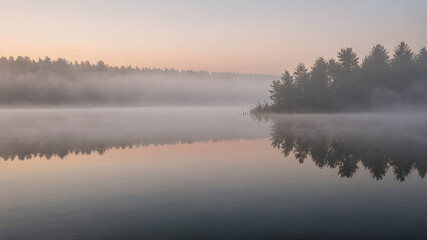 Drifting fog over a still lake at dawn, foggy weather, calm and ethereal