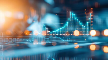 Digital financial analytics, glowing data charts over a blurred urban backdrop, representing investment growth and market insights through vibrant visual elements