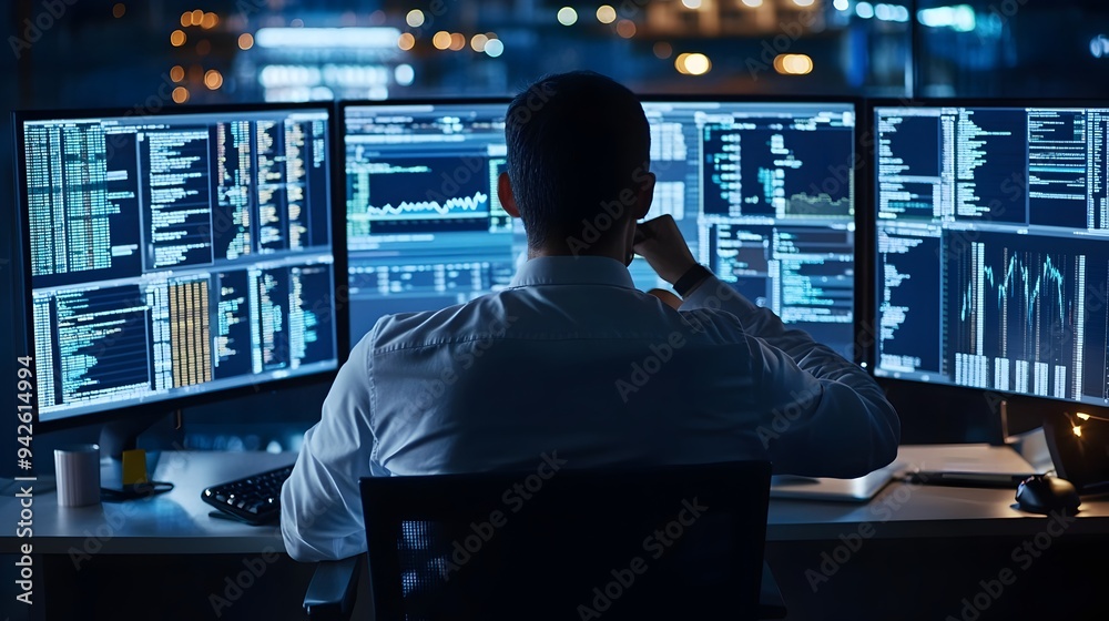 Poster financial analyst closely examining data and statistical information displayed on multiple computer 