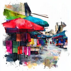 Obraz premium watercolor painting of a street market with vibrant fabric and clothing stalls, on isolated white background