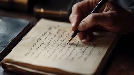 A close up shot of a hand writing intently in a traditional ledger book with plenty of open copy space available for adding text or graphics  The image conveys the concepts of organization