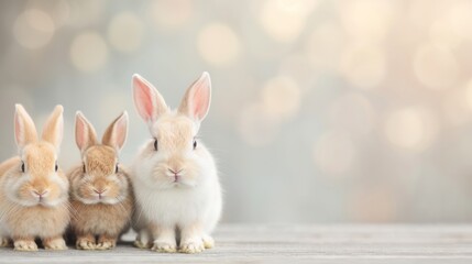 Obraz premium Charming Trio of Bunnies, three fluffy rabbits sitting closely together with soft expressions, surrounded by a dreamy, blurred background creating a serene atmosphere