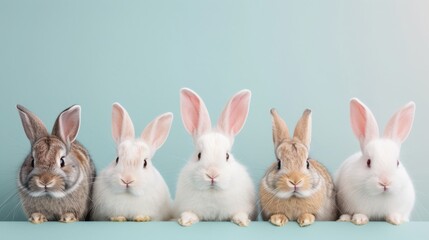 A lineup of adorable rabbits showcasing various colors, each with perky ears and curious expressions, set against a calming mint green background.