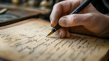 A close up shot showcasing a hand diligently writing in a neatly organized ledger book capturing the intricate details and textures of the pages and the writing process