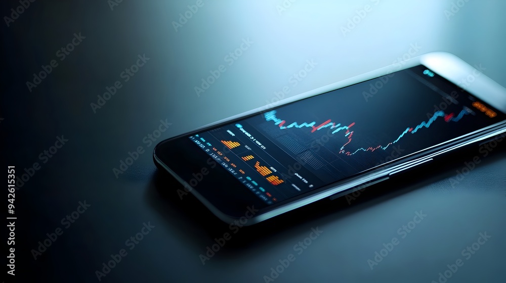 Poster smartphone displaying real time market analytics app interface with charts graphs and financial data