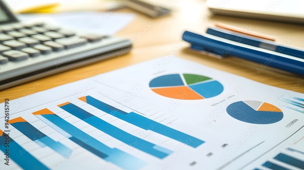 Poster financial report with bar graphs and pie charts displayed on a desk in an office setting providing v