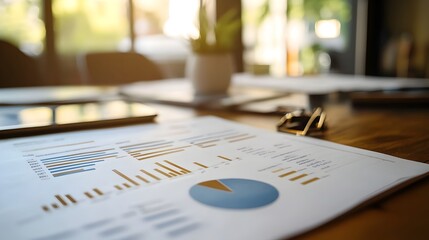 Detailed financial report with bar graphs and pie charts on desk showcasing business data analytics and financial performance metrics