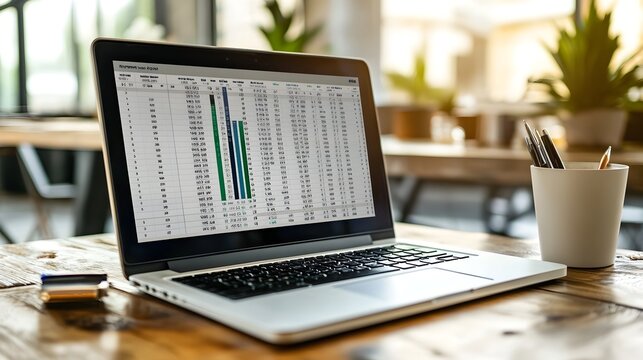 Laptop displaying a detailed budget spreadsheet on the screen with ample copy space for text or graphics  Concept of financial management accounting and business planning