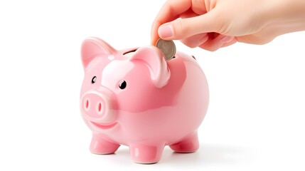 A photograph of an isolated piggy bank with a coin being inserted showcasing the finance and investment concept of saving wealth accumulation and future planning