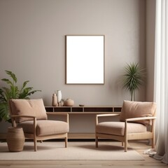 Minimalist Living Room Interior with Two Armchairs and a Blank Canvas