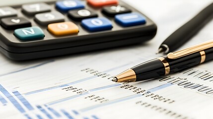 Fototapeta premium A minimalist still life scene featuring a calculator and a pen placed on a balance sheet or financial document isolated on a plain white background The image represents the concepts of finance
