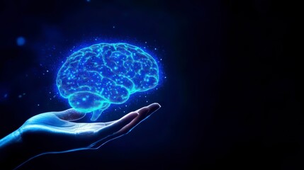 A hand holding a luminous brain on a dark background. The concept of AI, science and digital technology