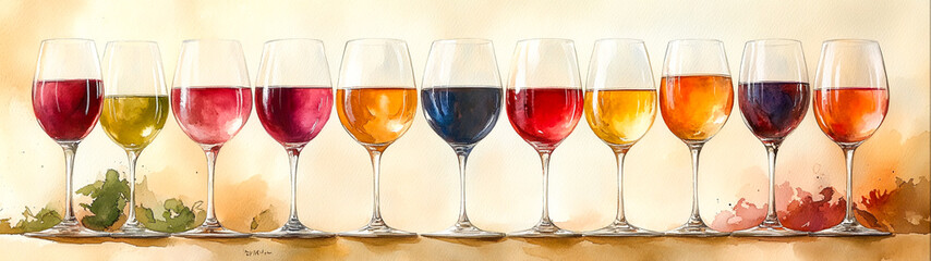 Naklejka premium Elegant Wine Tasting Set-Up in Detailed Watercolor Illustration