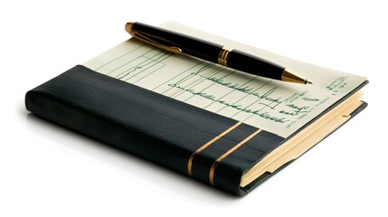 Checkbook and pen ready for writing isolated on a clean white background representing financial accounting banking and record keeping for business or personal use