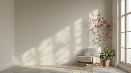 Fototapeta premium A white armchair sits in a corner of a room, bathed in soft sunlight, with a potted plant and a window in the background.
