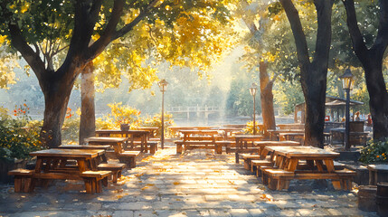Obraz premium Serene Beer Garden Oasis with Sunlit Trees in Soft Watercolors