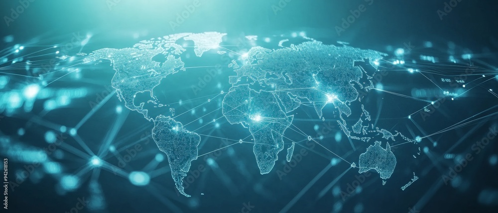 Poster digital world map with global network connections on a light blue background