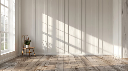 Fototapeta premium A single wooden chair sits in a bright and airy room with white walls and wood floors. Sunlight streams through the window, creating long shadows across the room.
