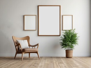 Minimalist Living Room Interior with Wooden Chair, Frames, and Plant