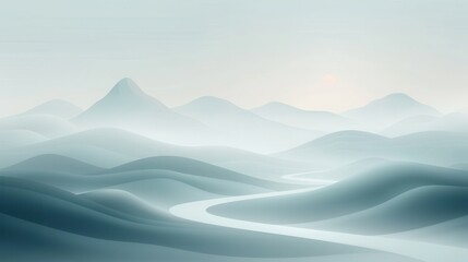 Serene Misty Mountains, an ethereal landscape with gentle rolling hills and a winding river, enveloped in soft hues of blue and gray, creating a tranquil atmosphere.