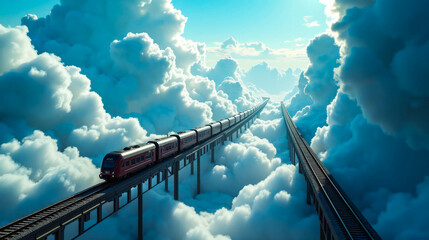 A red train glides effortlessly on an elevated railway surrounded by lush, billowy clouds under a vivid blue sky, creating a fantastical atmosphere