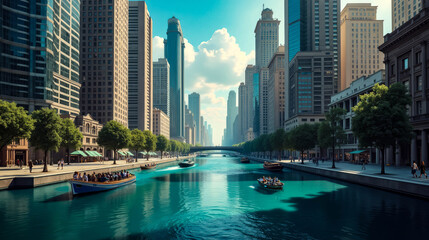 Naklejka premium Boats glide peacefully along the canal, surrounded by tall skyscrapers and lush greenery, creating a stunning contrast against the vivid blue water and clear sky