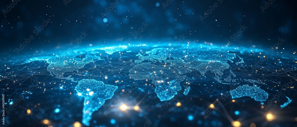 Poster Digital world map with global network connections on a light blue background