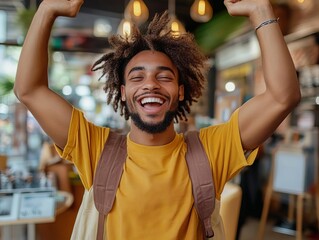A joyful young man celebrating in a vibrant cafe setting, showcasing happiness and positivity.