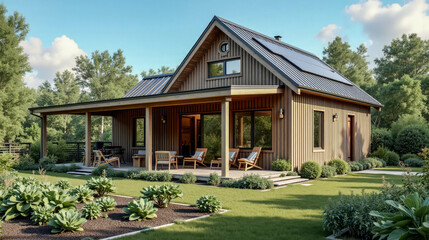 A charming wooden house features solar panels on the roof and is surrounded by vibrant foliage, offering a serene countryside retreat under a clear blue sky