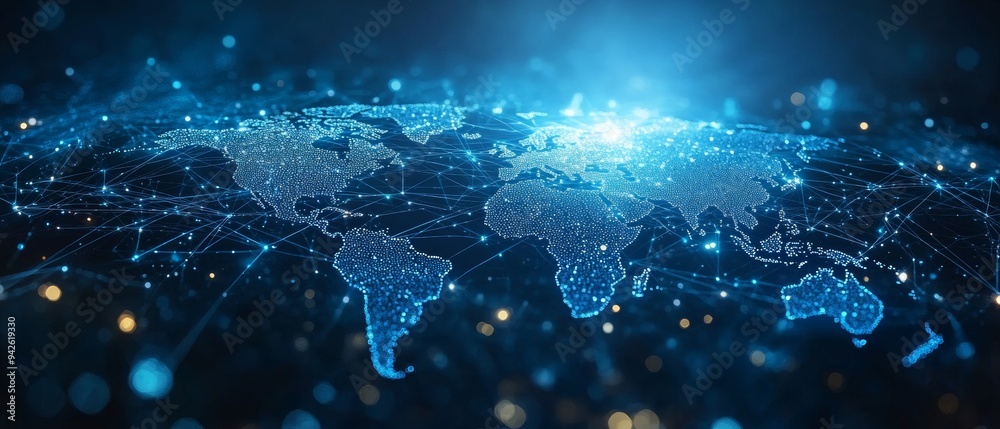 Poster Digital world map with global network connections on a light blue background