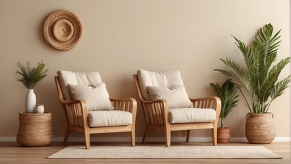 Two Wooden Armchairs with Pillows in a Cozy Living Room