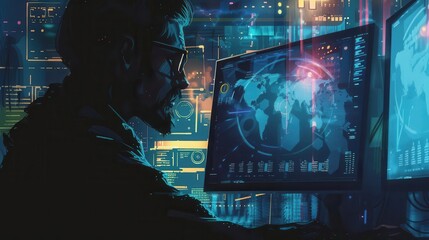 Cybersecurity Expert Analyzing Data, A silhouette of a man immersed in screens displaying maps and digital metrics, embodying the complexities of modern cyber defense.
