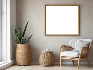 Minimalist Living Room with Wicker Accents and a Blank Canvas