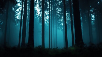 Naklejka premium A misty forest scene with towering trees and ethereal blue light, creating a peaceful yet mysterious atmosphere.