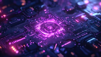 Glowing Purple Circuit Board with Circular Light Pattern