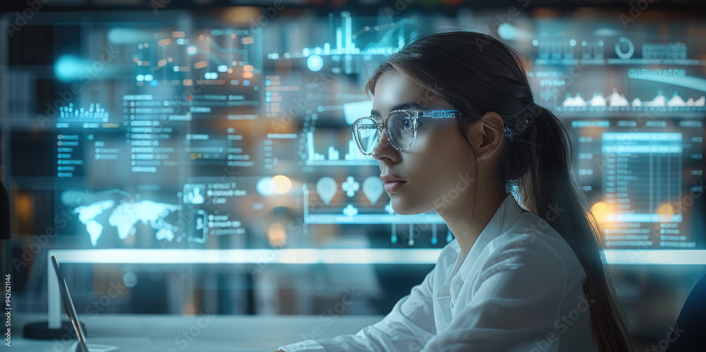 Poster a student sitting at a desk with a holographic display showing interactive lessons, charts, and digi