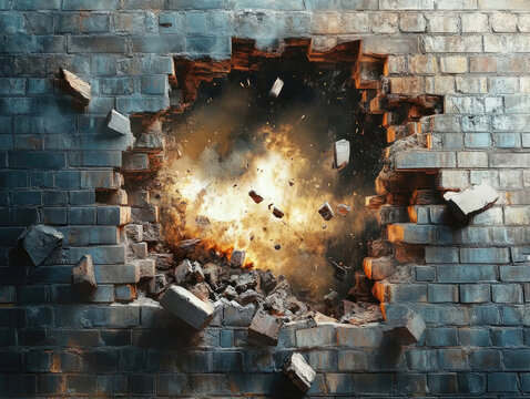 Explosion of grey brick wall background