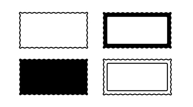 Border frame scallop edge rectangle vector shape. Wave scallop squiggle cute simple rectangle border set. Simple wavy squiggly line retro photo picture frame. Vector illustration