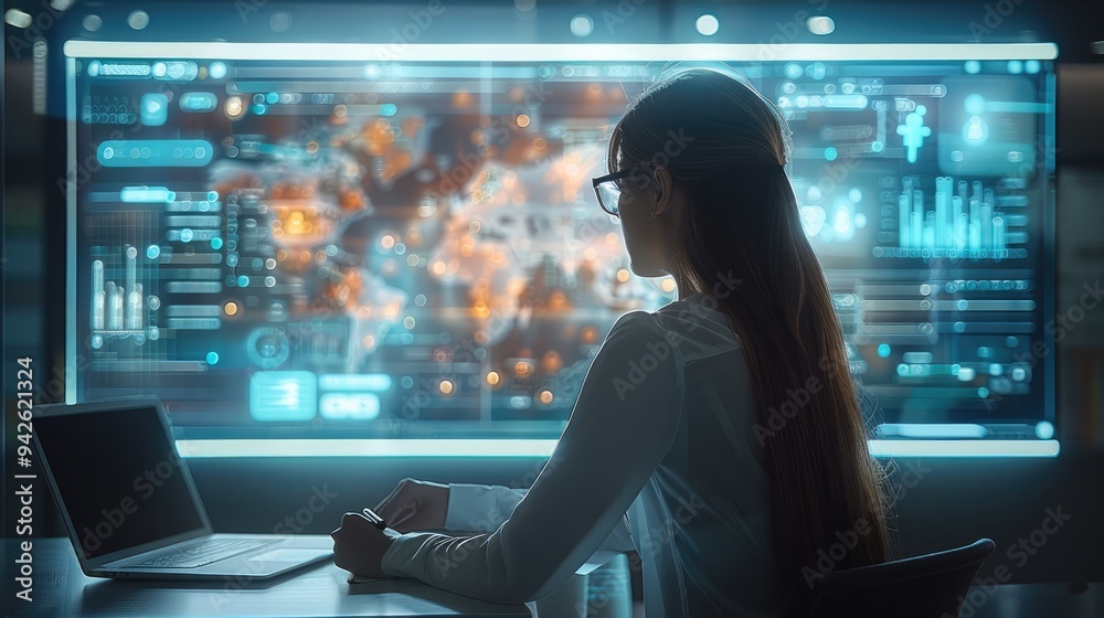 Poster a student sitting at a desk with a holographic display showing interactive lessons, charts, and digi
