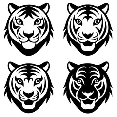 Set of tiger head icons silhouette vector art illustration 