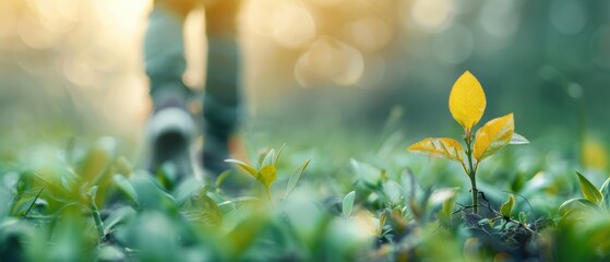 Obraz premium New Beginnings, a solitary sapling reaches for the sunlight while a figure walks through a vibrant green field, symbolizing growth and hope in natures embrace.