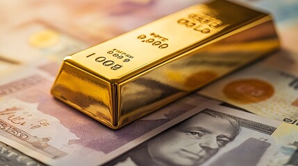 Gleaming gold bar positioned prominently atop a stack of currency notes symbolizing financial wealth investment and economic prosperity