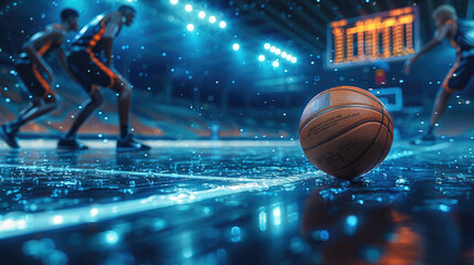 Basketball, competition, data, artificial intelligence, data analysis, sports, science fiction, surrealism. Generative AI.