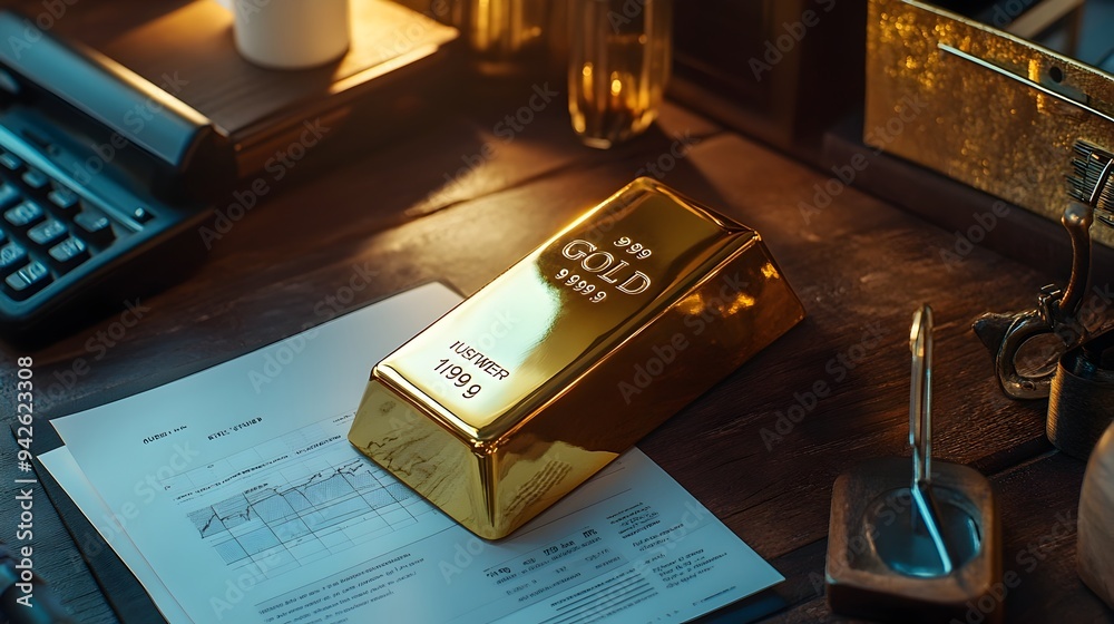 Poster high angle shot of a shiny gold bar placed on a wooden desk next to an open financial report with am