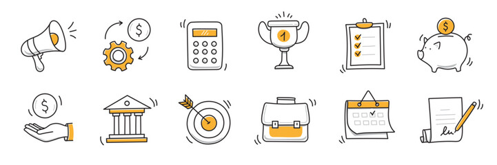 Hand drawn doodle business, money icon set. Finance, money, marketing sketch drawn cute trendy line doodle icon. Business bank, finance calculator, economic goal elements. Vector illustration