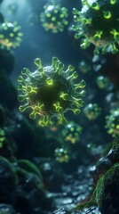 A close-up view of a virus, revealing intricate details of its structure. The image captures the complexity and unique patterns of the virus, offering a glimpse into the microscopic world.