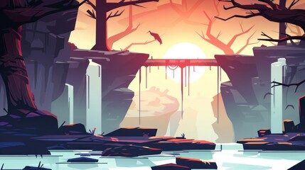 Abstract Landscape with Waterfall and Bridge.